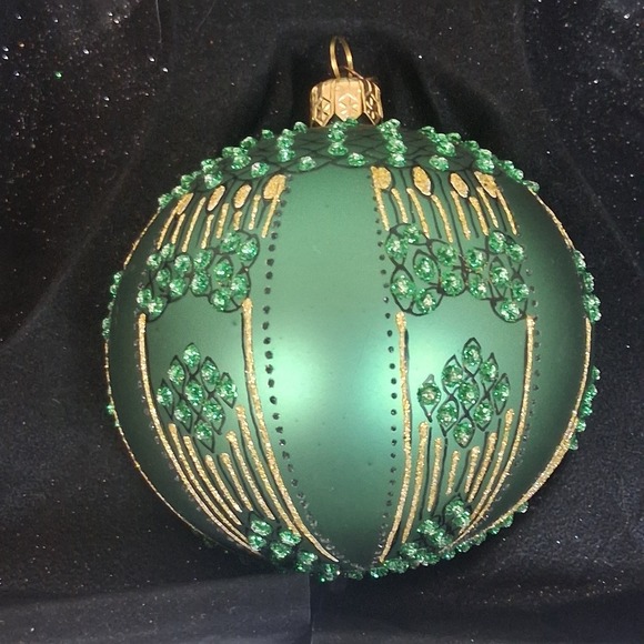 2 Vintage Dept 56 Poland Glass Ornaments Green Gold Glitter Embellished Elegant - Picture 6 of 16